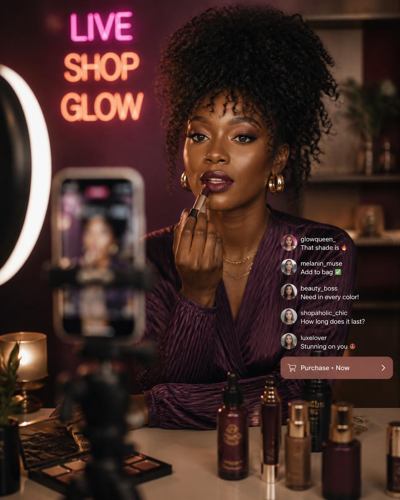 Beauty creator on a TikTok live selling set applying lipstick under a ring light